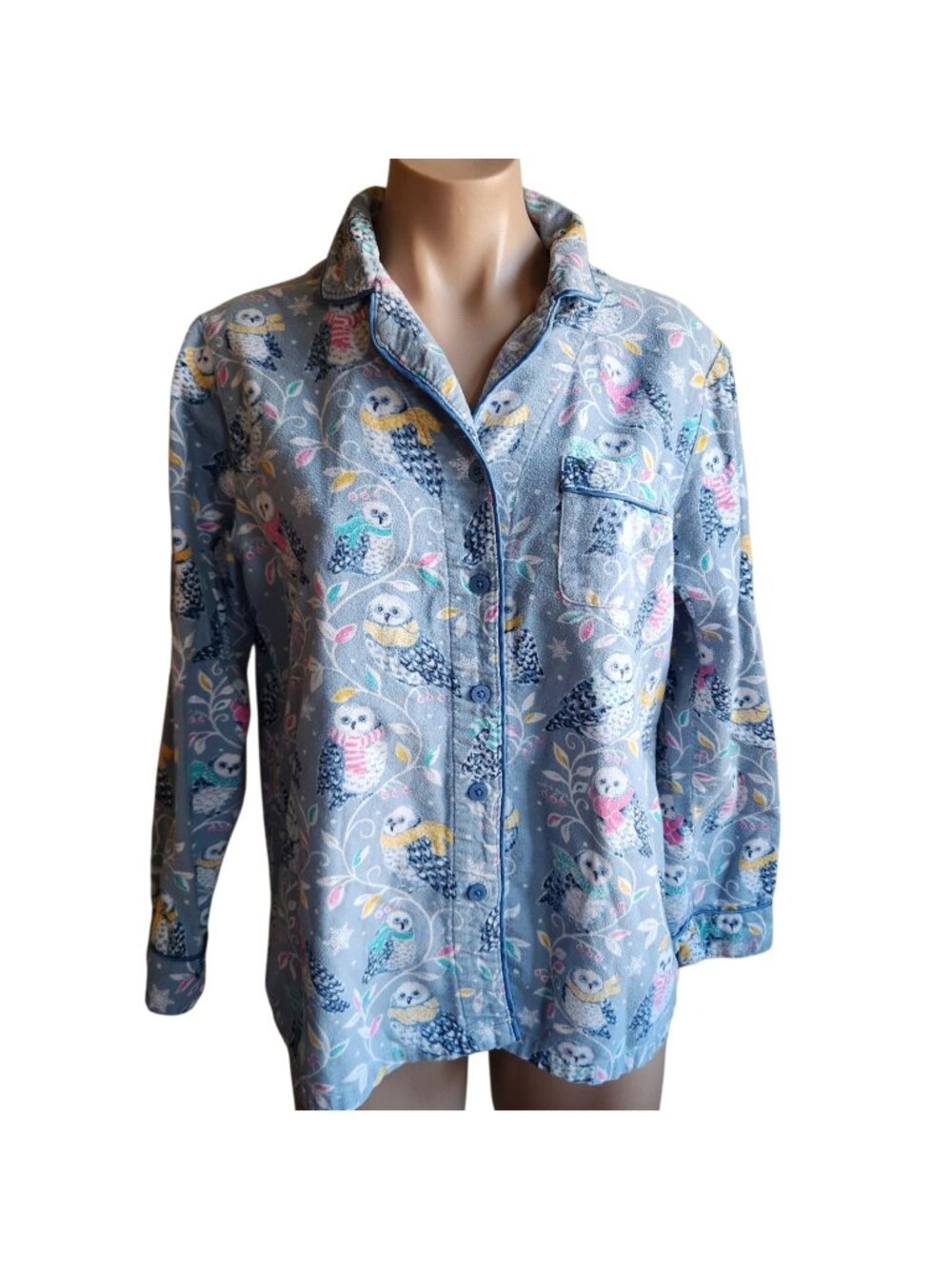 Nick & Nora Owl Pajama Top Only Cotton Sleep Shirt Winter Cute Cozy Size Small